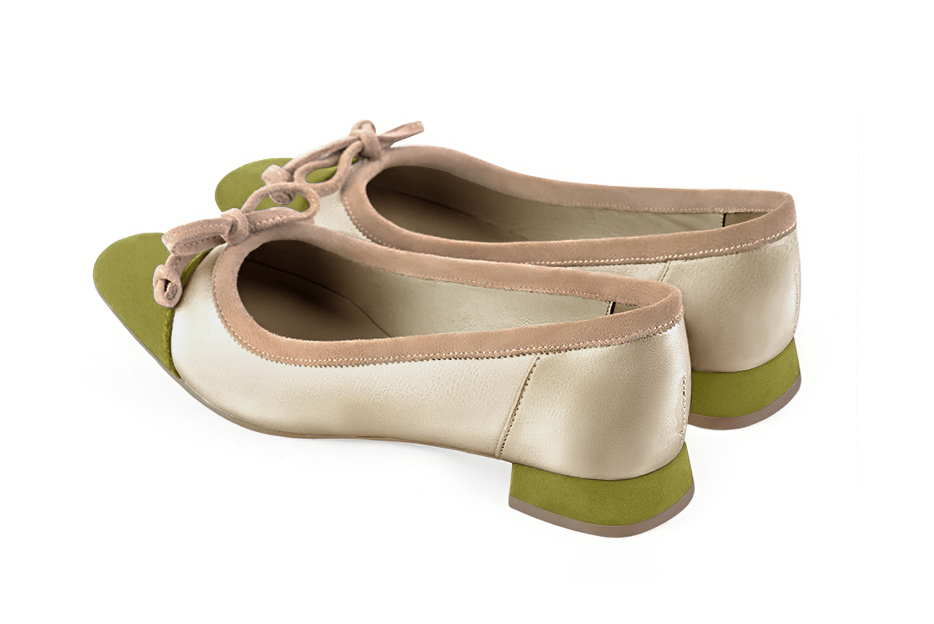 Pistachio green, gold and biscuit beige women's ballet pumps, with low heels. Square toe. Flat flare heels. Rear view - Florence KOOIJMAN
